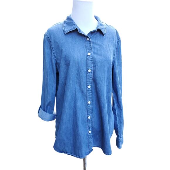 Draper James Blue Cotton Denim Chambray Button Down Top Roll Tab Sleeves Sz 12 - Picture 7 of 10